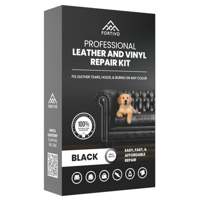 black leather repair kit to fix tears, holes, and burns in white background
