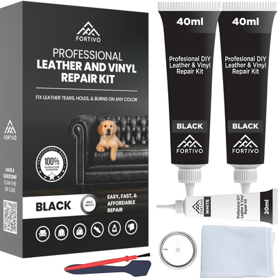 black vinyl repair kit inclusions in white background