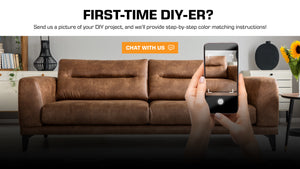 a woman taking picture of the damage or scratch on leather sofa