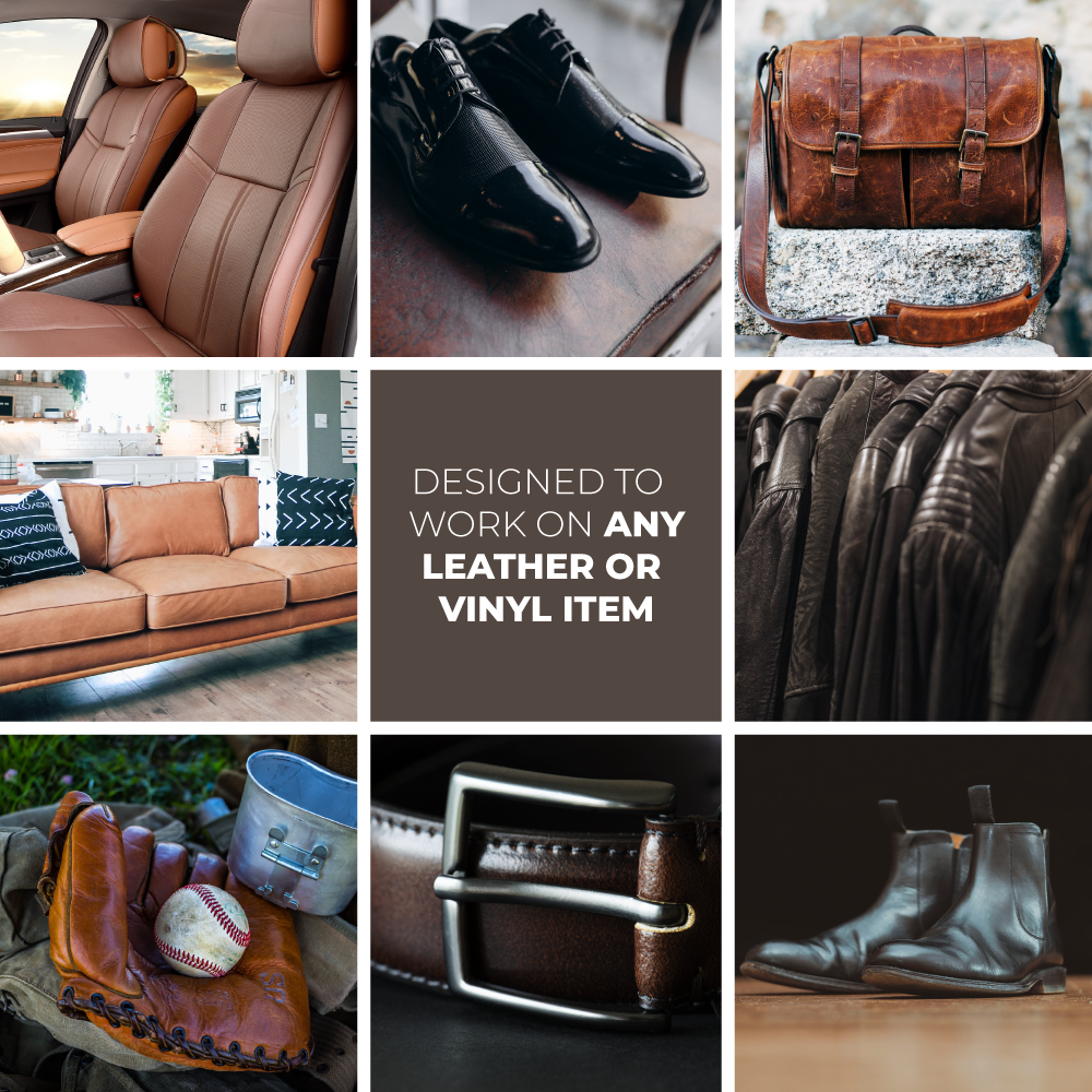 Revitalized leather goods, showcasing the effectiveness of a leather car seat repair kit.
