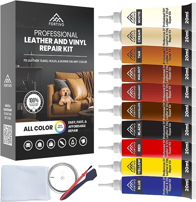  FORTIVO Leather Repair Kit for couches - Leather Color Restorer  for Car Seats, Upholstery, Couch, Boat Furniture - Easy Color Matching  Guide for Leather Scratch, Cut, Cracks and Hole Repair : Automotive