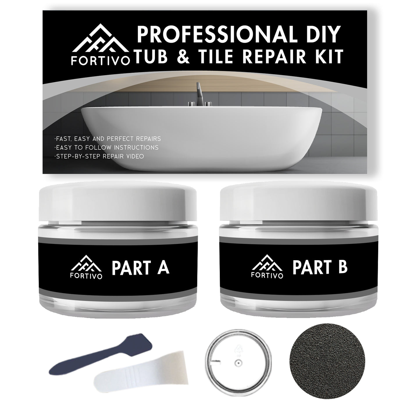 Tub repair kit, specifically designed for bathtub repair in a white background