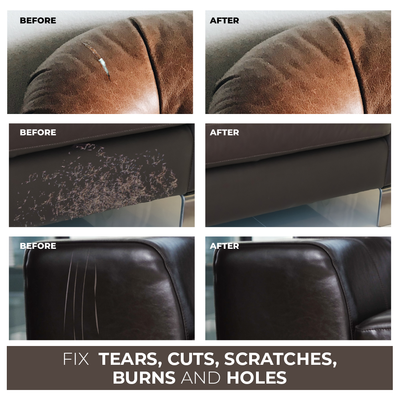 Before and after comparison image of a leather couch repaired using a patch for leather couch