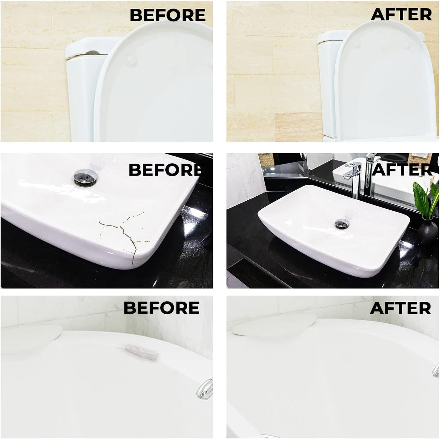 Before and after image of a tub and tile repair using our easy-to-use, all-in-one tub repair kit.