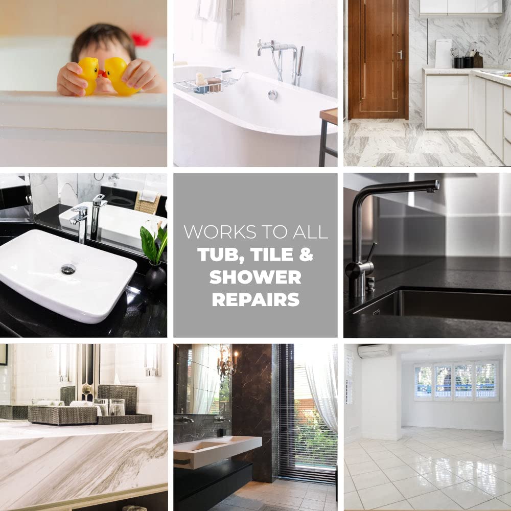 Tub and tile repair kit suitable for all surfaces, including fiberglass, acrylic, and porcelain, for a versatile and reliable solution